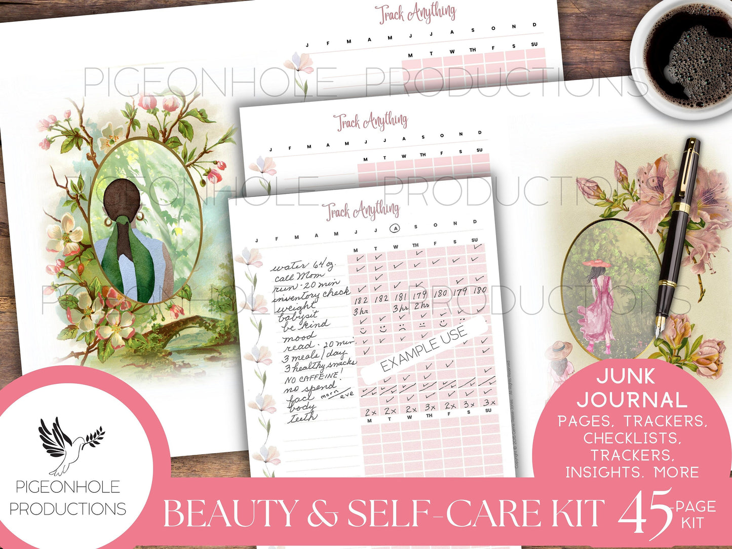 Beauty & Self-Care Junk Journal Kit, self care, skin care, home care, mind, body, soul, creativity, fun, checklists, trackers, insights