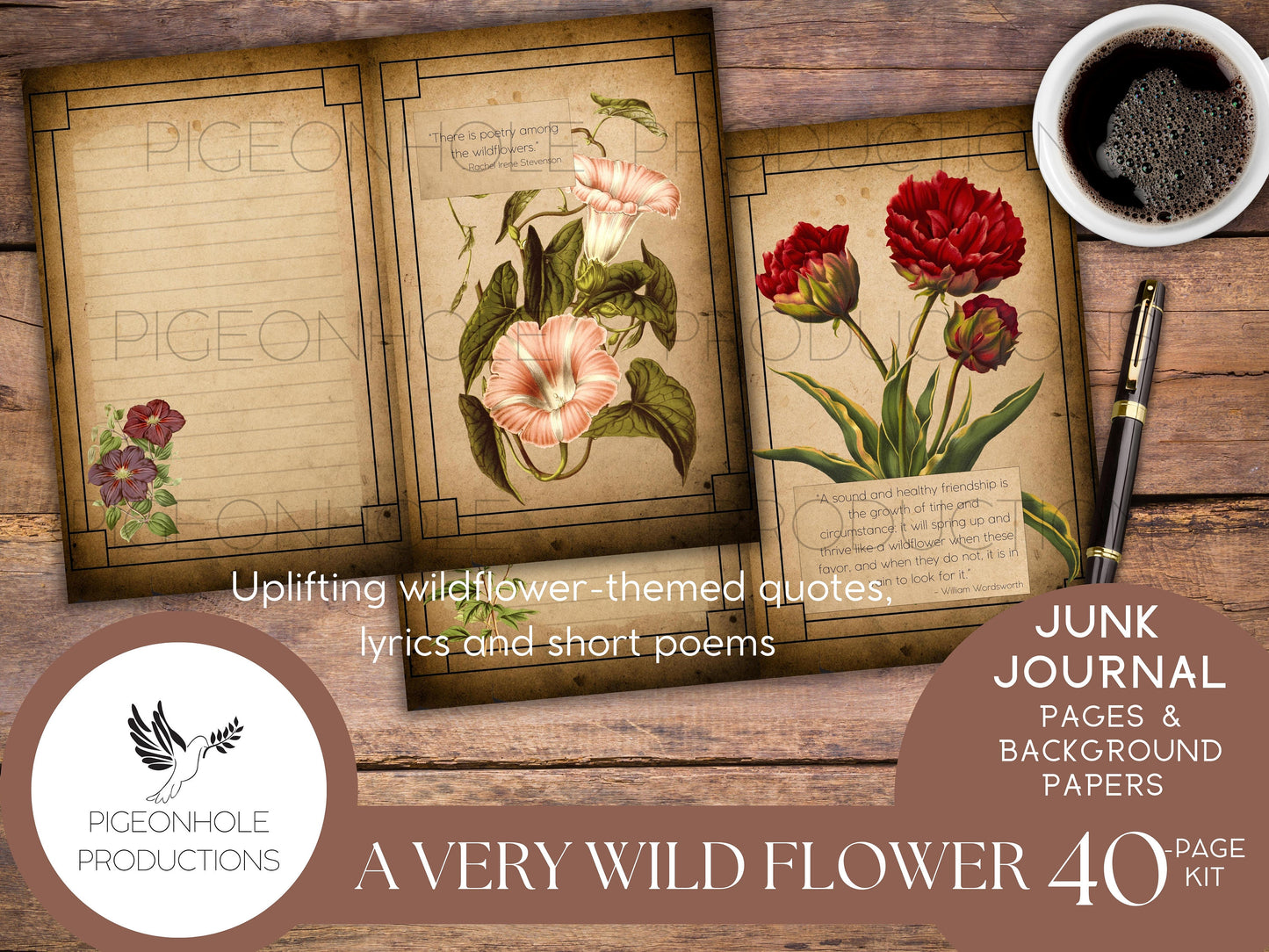 A Very Wild Flower Junk Journal Kit, PRINTABLE, 40 pages, lovely vintage flowers, uplifting quotes, lyrics, poems, lots of journal space
