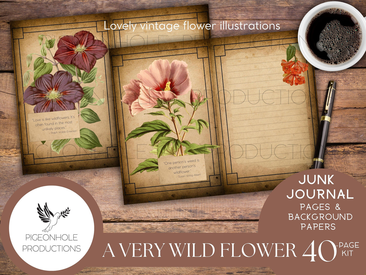 A Very Wild Flower Junk Journal Kit, PRINTABLE, 40 pages, lovely vintage flowers, uplifting quotes, lyrics, poems, lots of journal space
