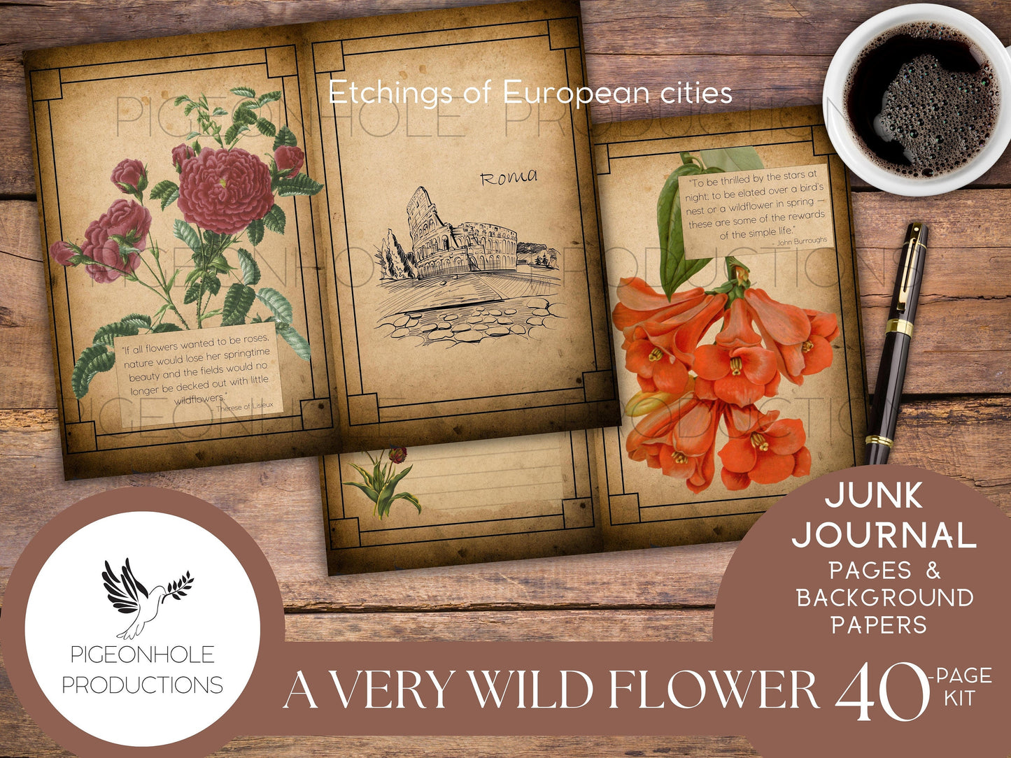 A Very Wild Flower Junk Journal Kit, PRINTABLE, 40 pages, lovely vintage flowers, uplifting quotes, lyrics, poems, lots of journal space