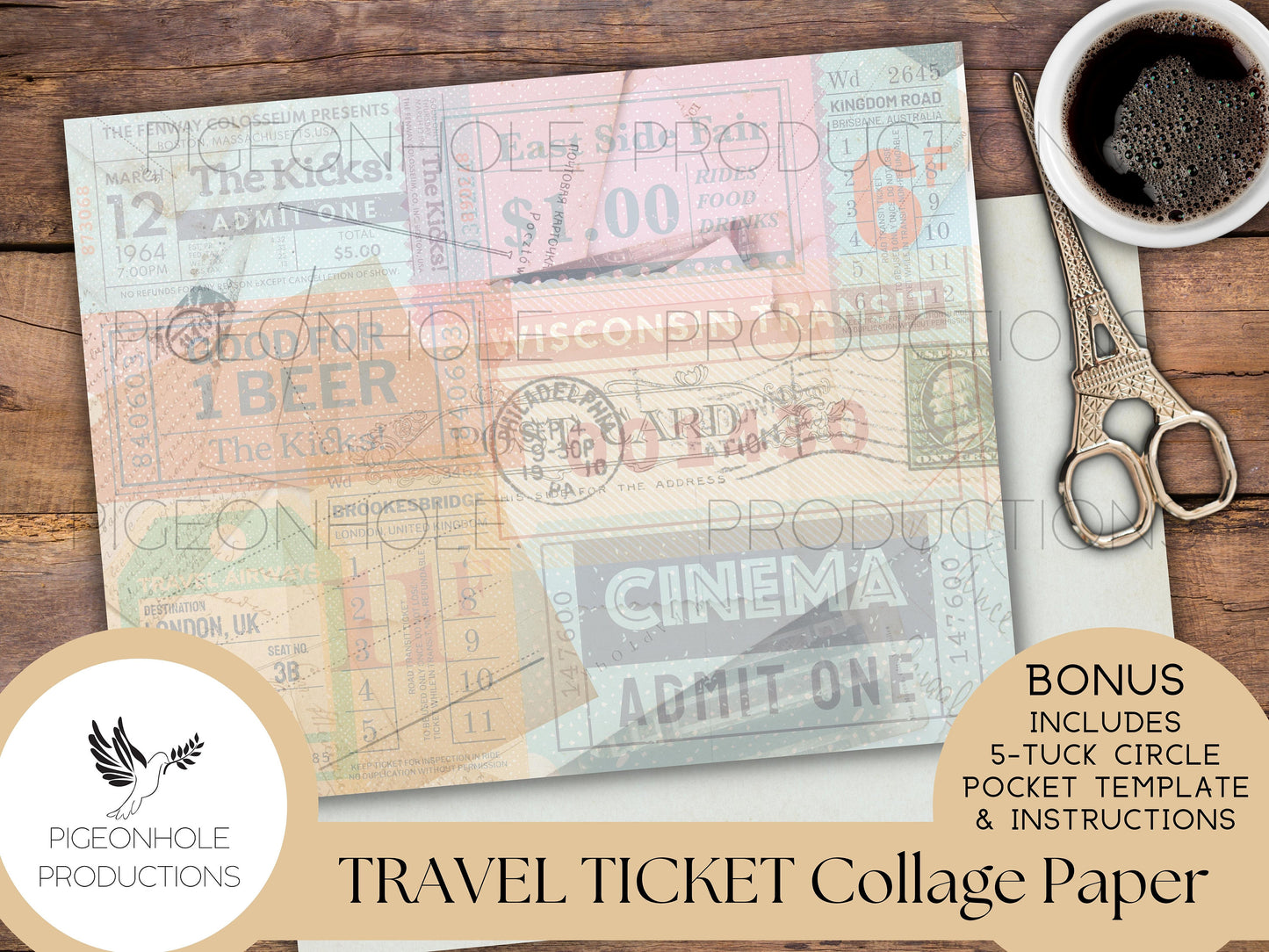 Travel & Event Ticket Collage Papers—PRINTABLE—with coordinating backings and BONUS 5-Tuck Circle Pocket Template and Instructions—see pics!