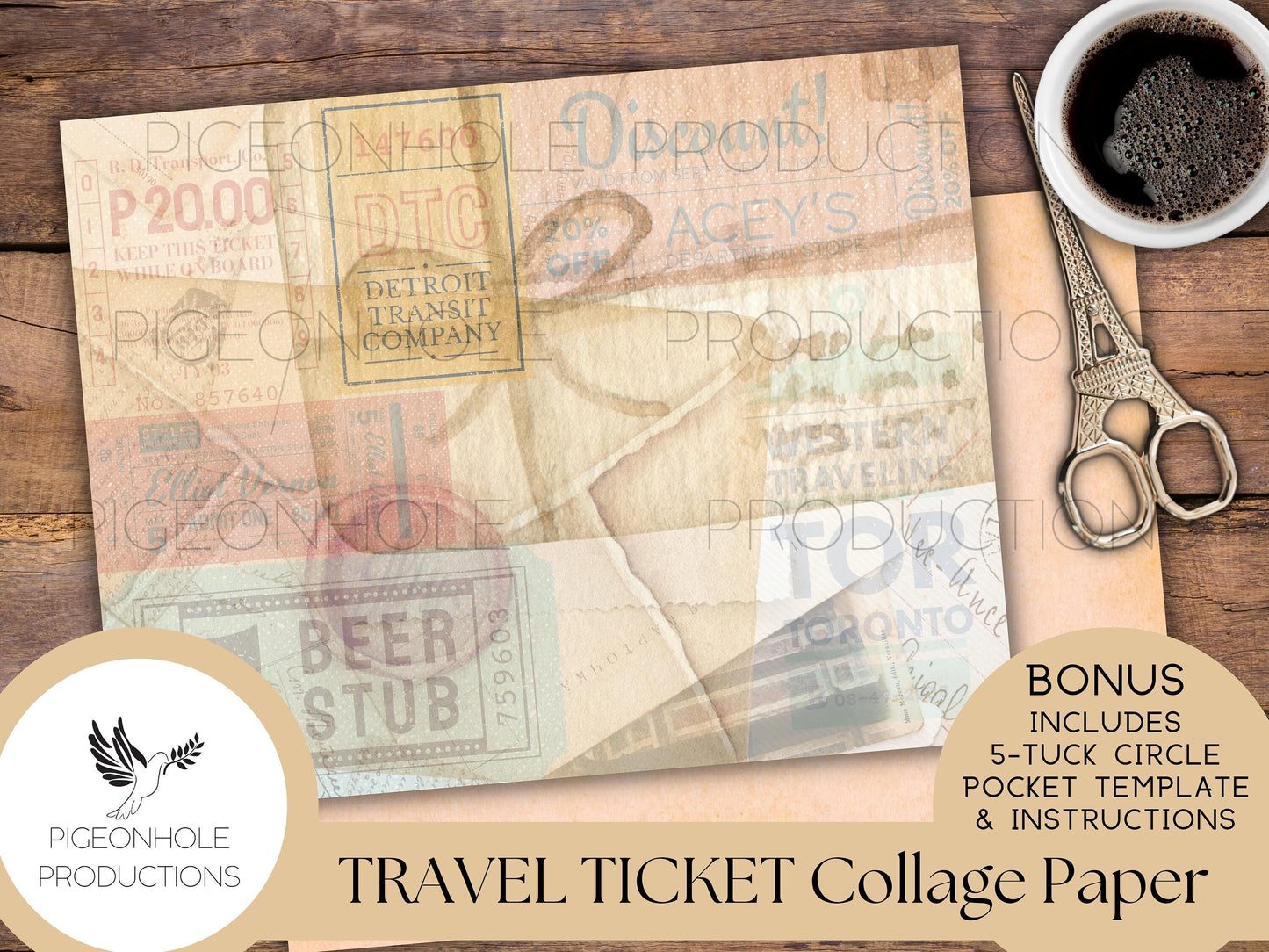 Travel & Event Ticket Collage Papers—PRINTABLE—with coordinating backings and BONUS 5-Tuck Circle Pocket Template and Instructions—see pics!