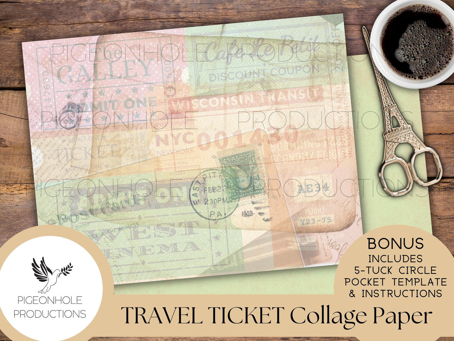 Travel & Event Ticket Collage Papers—PRINTABLE—with coordinating backings and BONUS 5-Tuck Circle Pocket Template and Instructions—see pics!