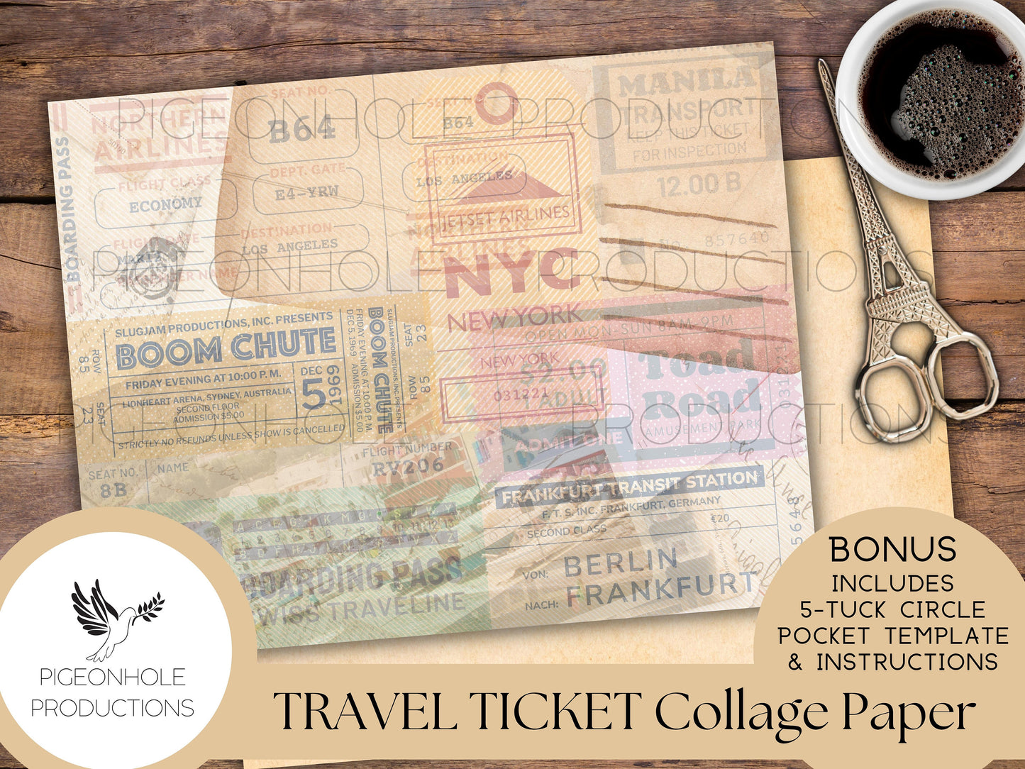 Travel & Event Ticket Collage Papers—PRINTABLE—with coordinating backings and BONUS 5-Tuck Circle Pocket Template and Instructions—see pics!