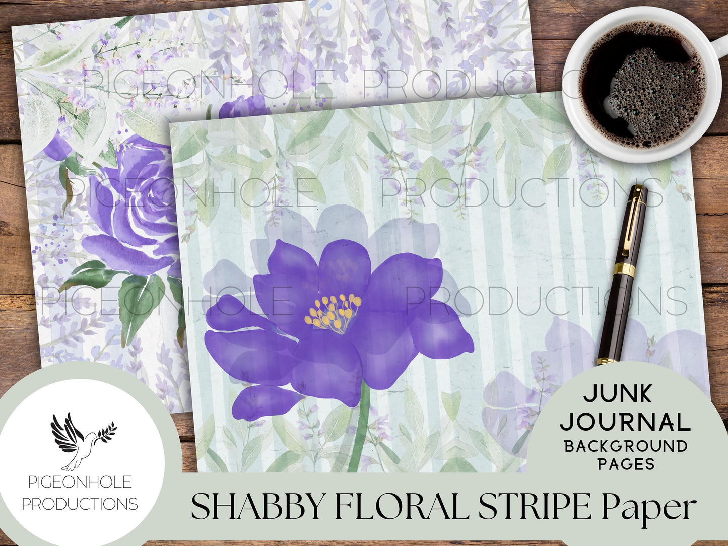 Shabby Floral Stripe Junk Journal Papers—PRINTABLE—14 sheets—use for journal backgrounds, card making, collage, other papercraft projects