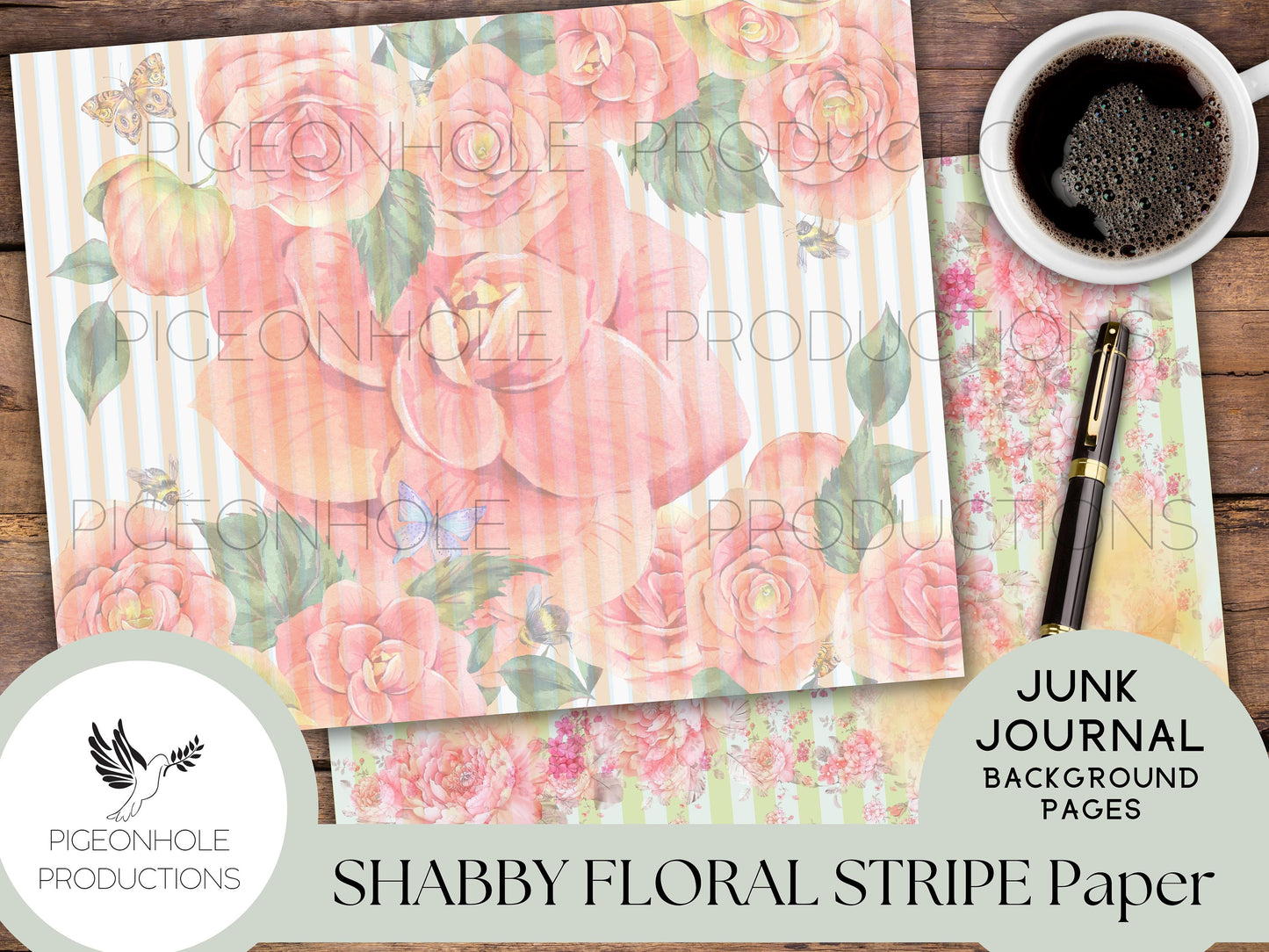 Shabby Floral Stripe Junk Journal Papers—PRINTABLE—14 sheets—use for journal backgrounds, card making, collage, other papercraft projects