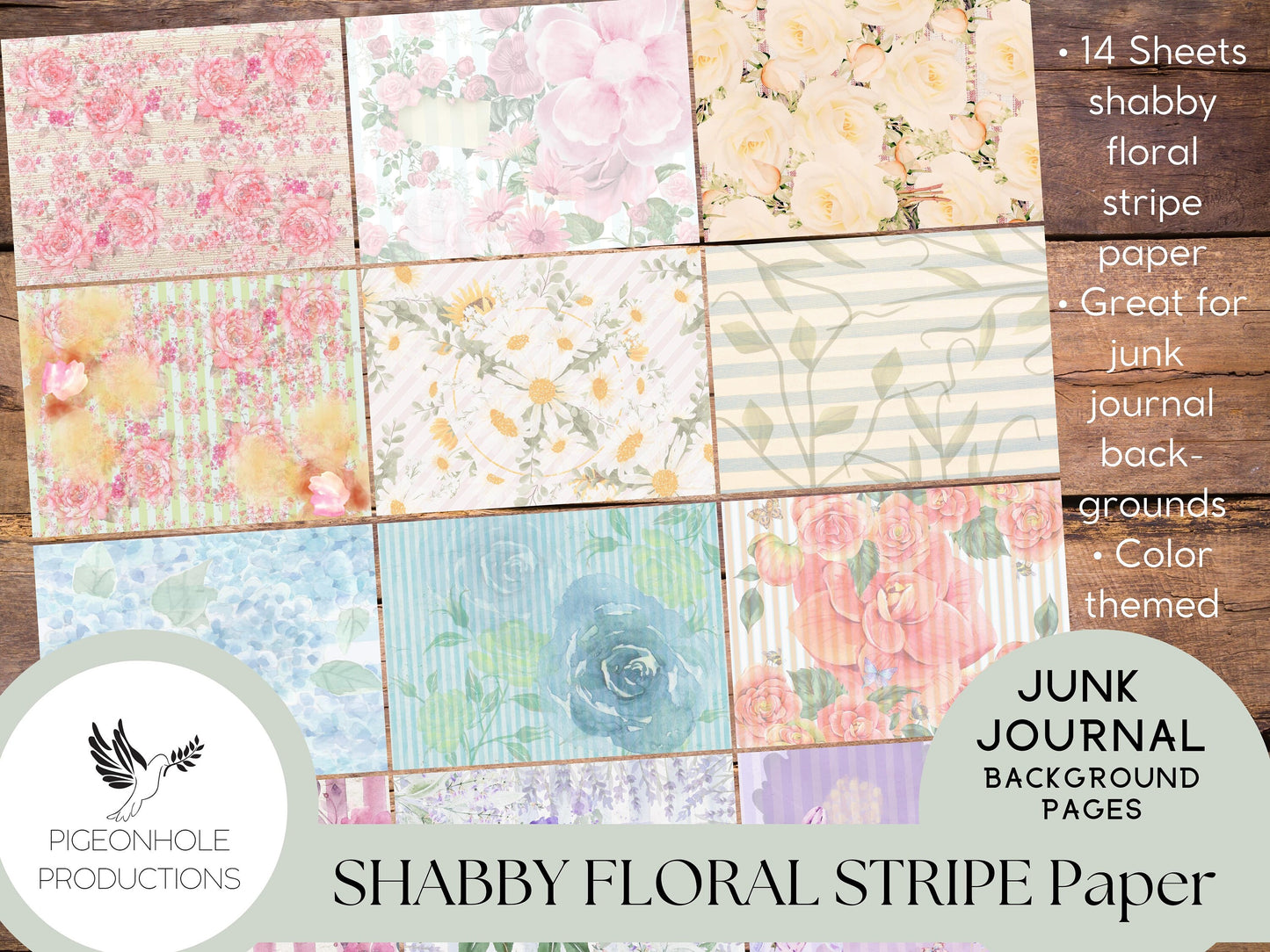 Shabby Floral Stripe Junk Journal Papers—PRINTABLE—14 sheets—use for journal backgrounds, card making, collage, other papercraft projects