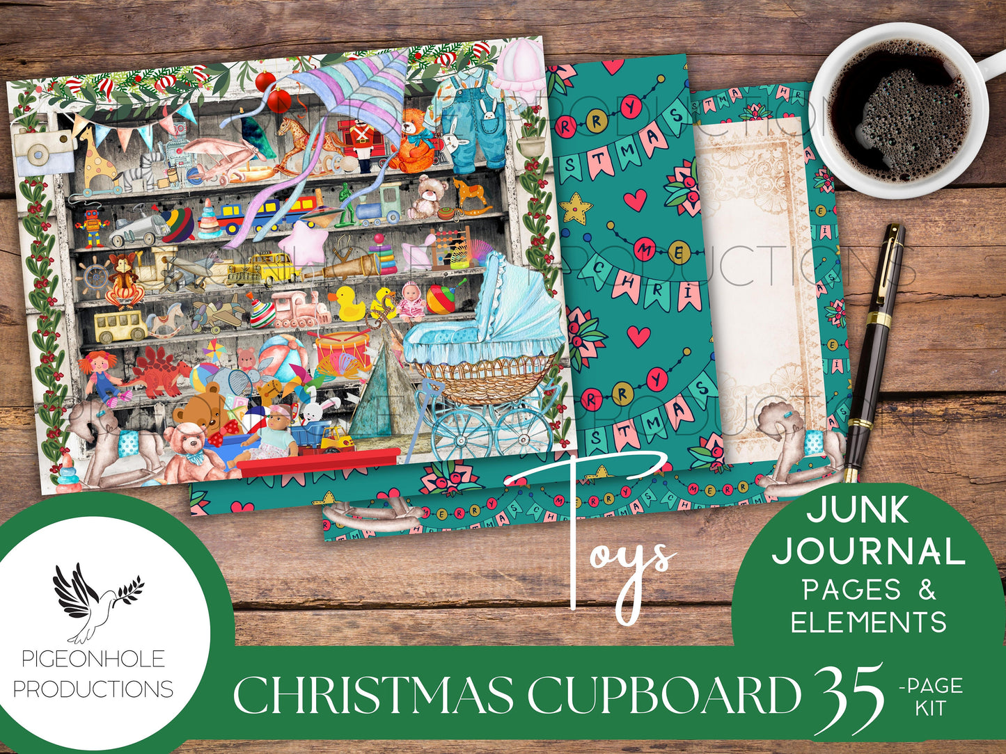 Christmas Cupboard Junk Journal Kit—PRINTABLE—35 pages, includes 80+ elements—toys, books, sweets, greetings, collections, decor