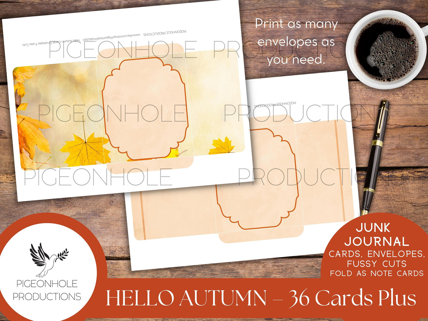36 Hello Autumn Junk Journal Cards, Envelopes, Fussy Cuts, PRINTABLE, Fold for note cards, cut in half for journal cards—pretty fall colors!