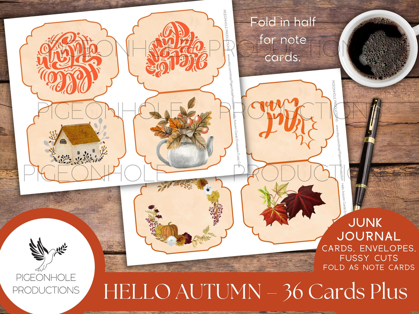36 Hello Autumn Junk Journal Cards, Envelopes, Fussy Cuts, PRINTABLE, Fold for note cards, cut in half for journal cards—pretty fall colors!