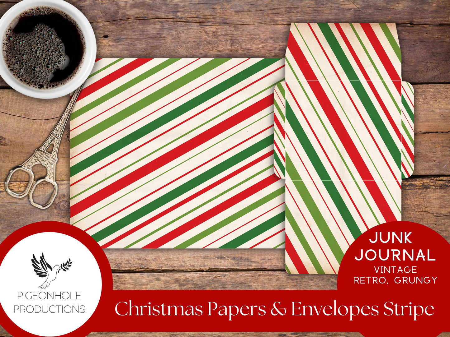 Retro Christmas Junk Journal Paper & Envelopes STRIPES—PRINTABLE—7 sheets with coordinating envelopes—for journal making and paper crafting
