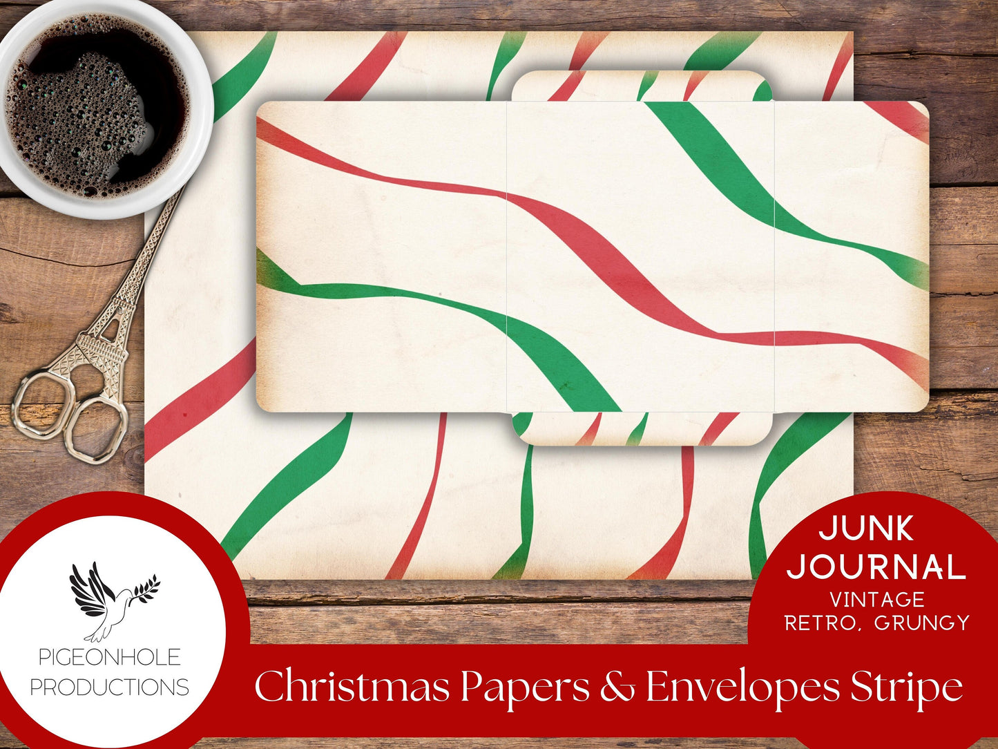 Retro Christmas Junk Journal Paper & Envelopes STRIPES—PRINTABLE—7 sheets with coordinating envelopes—for journal making and paper crafting
