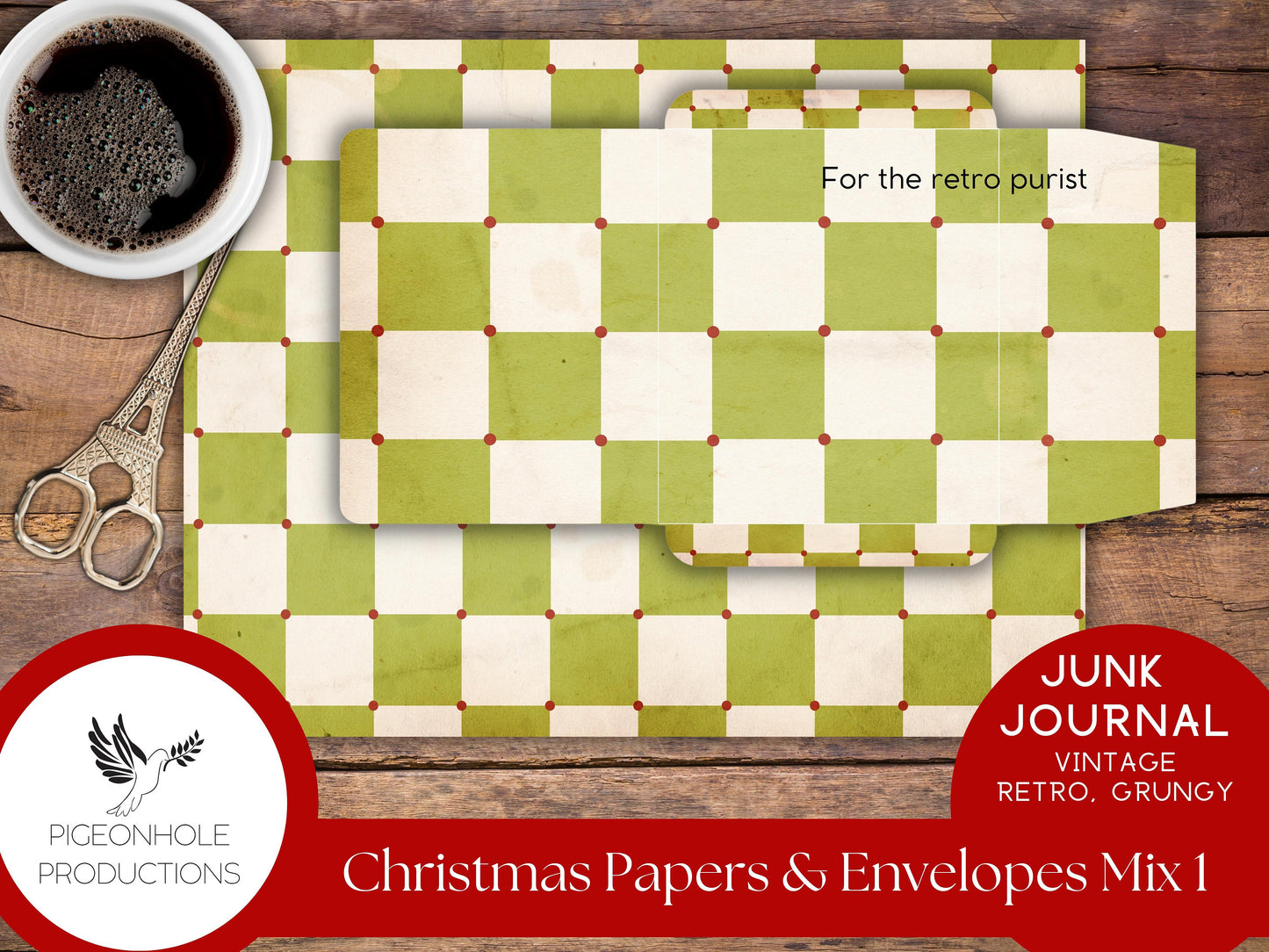 Retro Christmas Junk Journal Paper & Envelopes MIX 1—PRINTABLE—6 sheets with coordinating envelopes—for journal making and paper crafting
