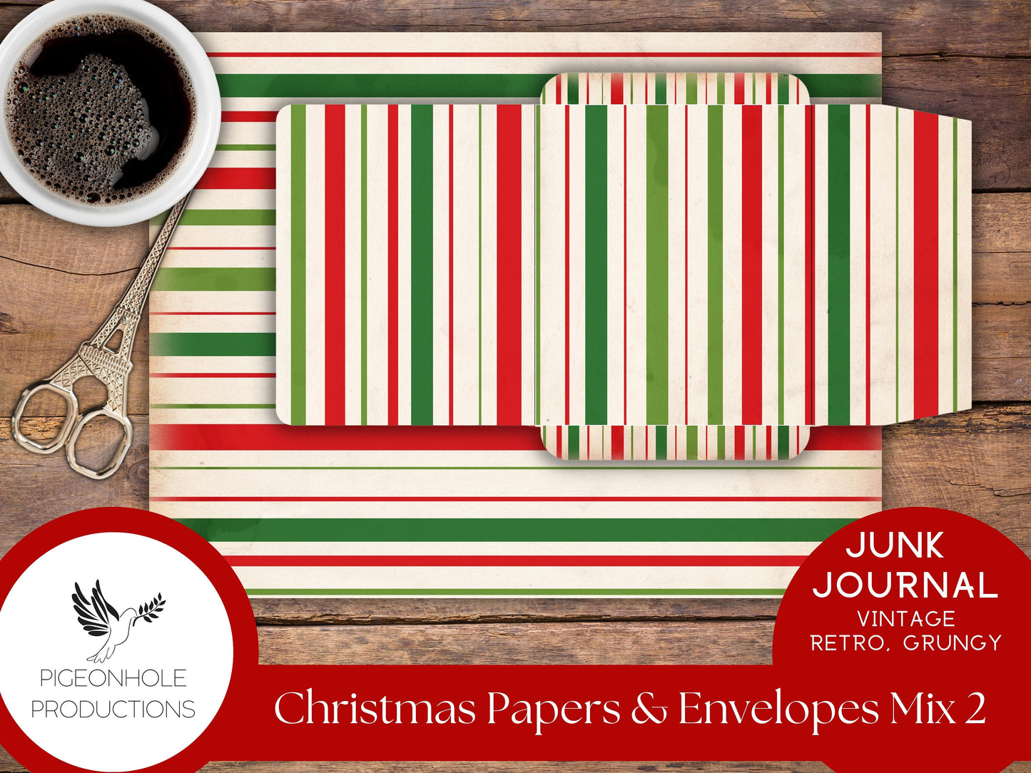 Retro Christmas Junk Journal Paper & Envelopes MIX 2—PRINTABLE—6 sheets with coordinating envelopes—for journal making and paper crafting
