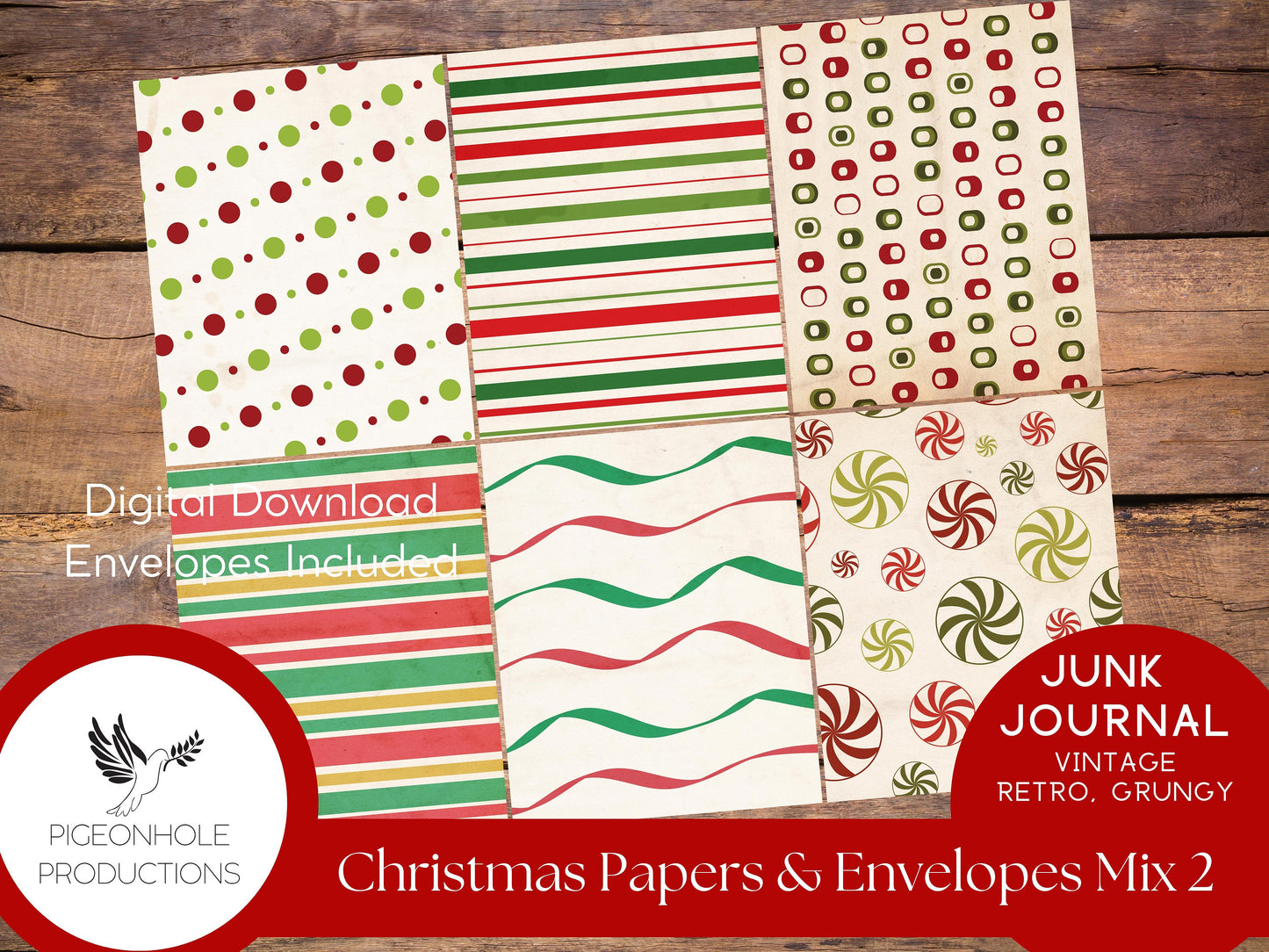 Retro Christmas Junk Journal Paper & Envelopes MIX 2—PRINTABLE—6 sheets with coordinating envelopes—for journal making and paper crafting
