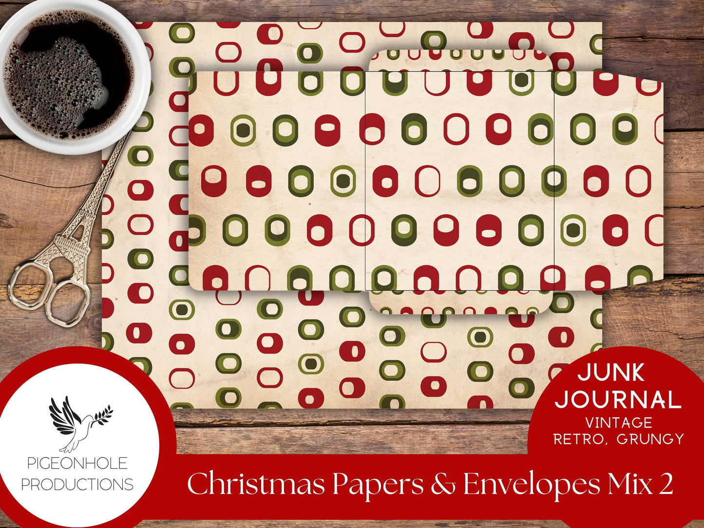 Retro Christmas Junk Journal Paper & Envelopes MIX 2—PRINTABLE—6 sheets with coordinating envelopes—for journal making and paper crafting
