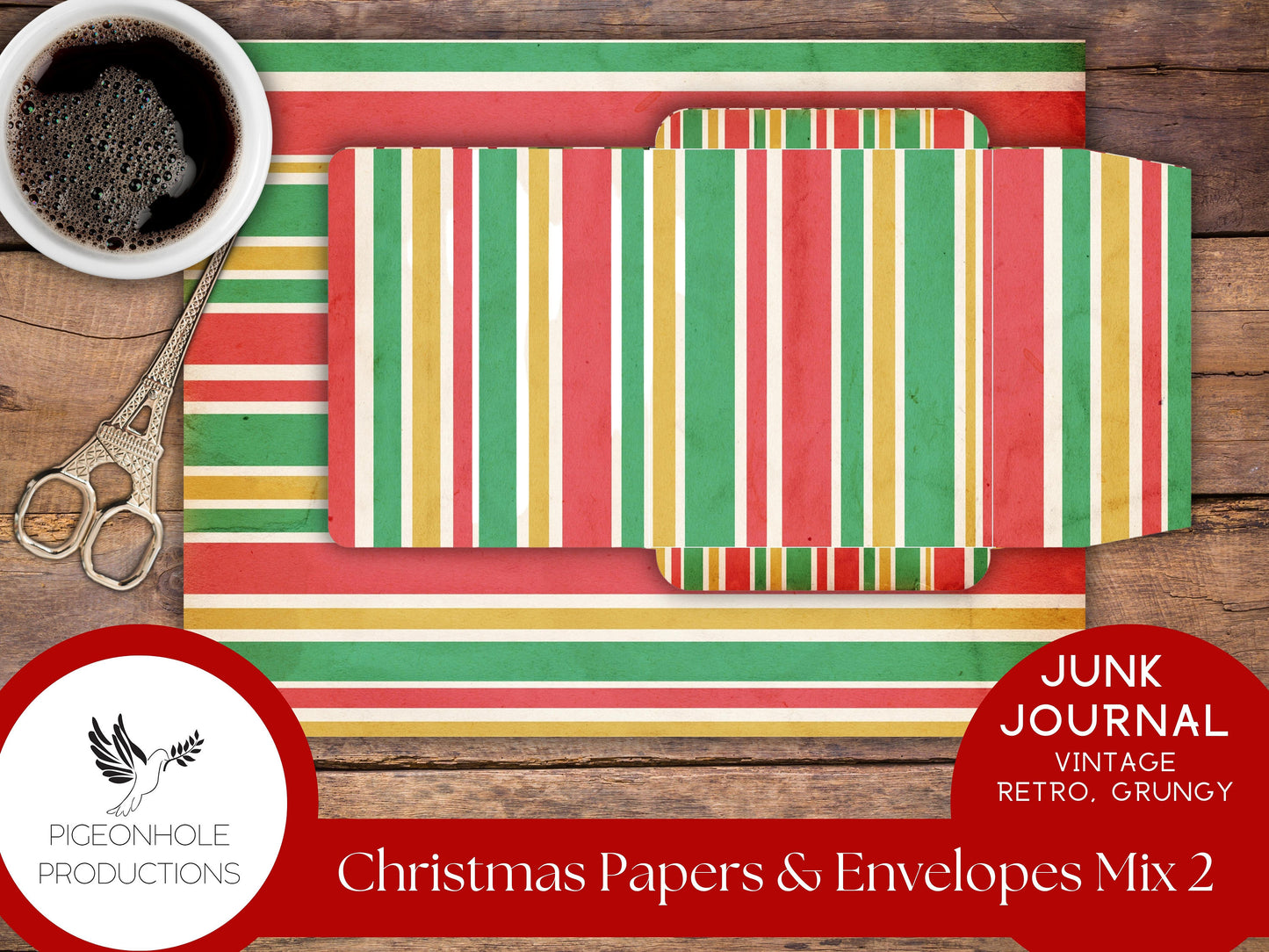 Retro Christmas Junk Journal Paper & Envelopes MIX 2—PRINTABLE—6 sheets with coordinating envelopes—for journal making and paper crafting