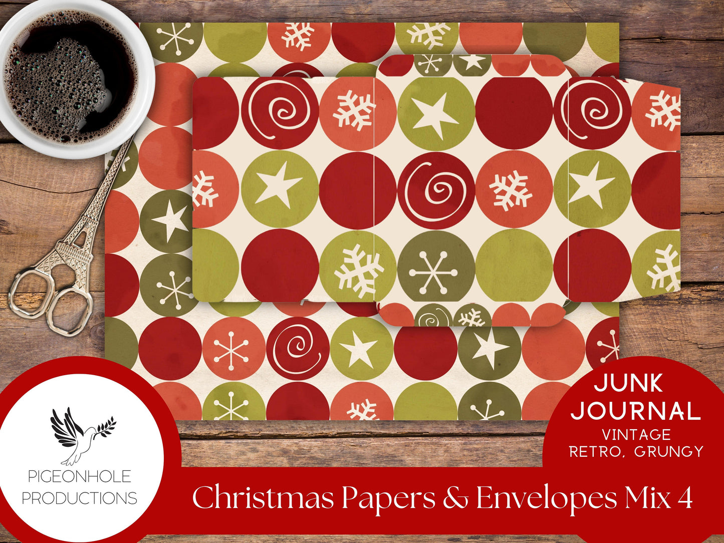 Retro Christmas Junk Journal Paper & Envelopes MIX 4—PRINTABLE—6 sheets with coordinating envelopes—for journal making and paper crafting