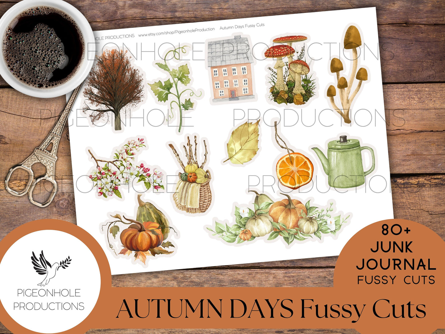Autumn Days Junk Journal FUSSY CUTS, PRINTABLE, 80+ fussy cuts of leaves, sunflowers, pumpkins, rocking chairs, cider, apples, mushrooms