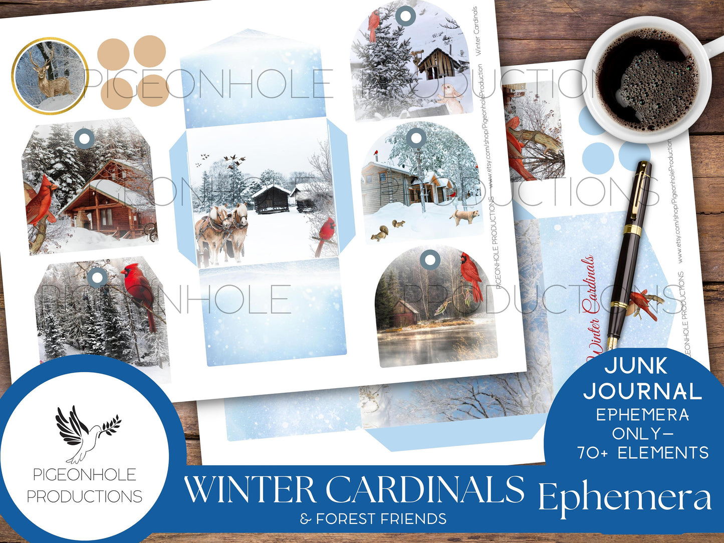 Winter Cardinal Bird Junk Journal EPHEMERA—PRINTABLE—70+ tags, tucks, pockets, envelopes, fussy cuts, stickers, tickets, labels, book plates