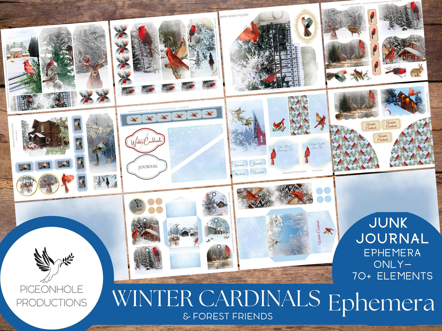 Winter Cardinal Bird Junk Journal EPHEMERA—PRINTABLE—70+ tags, tucks, pockets, envelopes, fussy cuts, stickers, tickets, labels, book plates