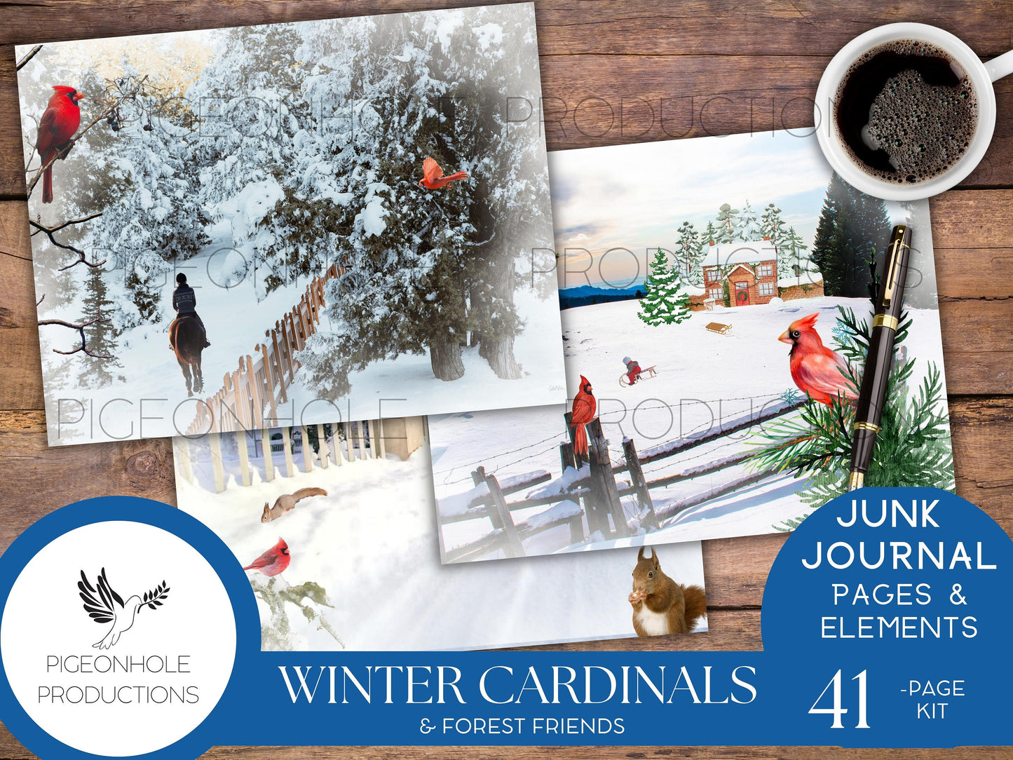 Winter Cardinal Bird & Forest Friends Winter Wonderland Junk Journal Kit—PRINTABLE—includes pages and all ephemera needed—see description!