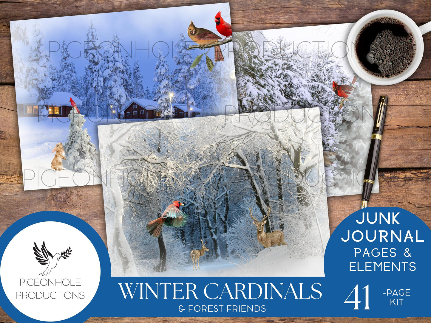 Winter Cardinal Bird & Forest Friends Winter Wonderland Junk Journal Kit—PRINTABLE—includes pages and all ephemera needed—see description!