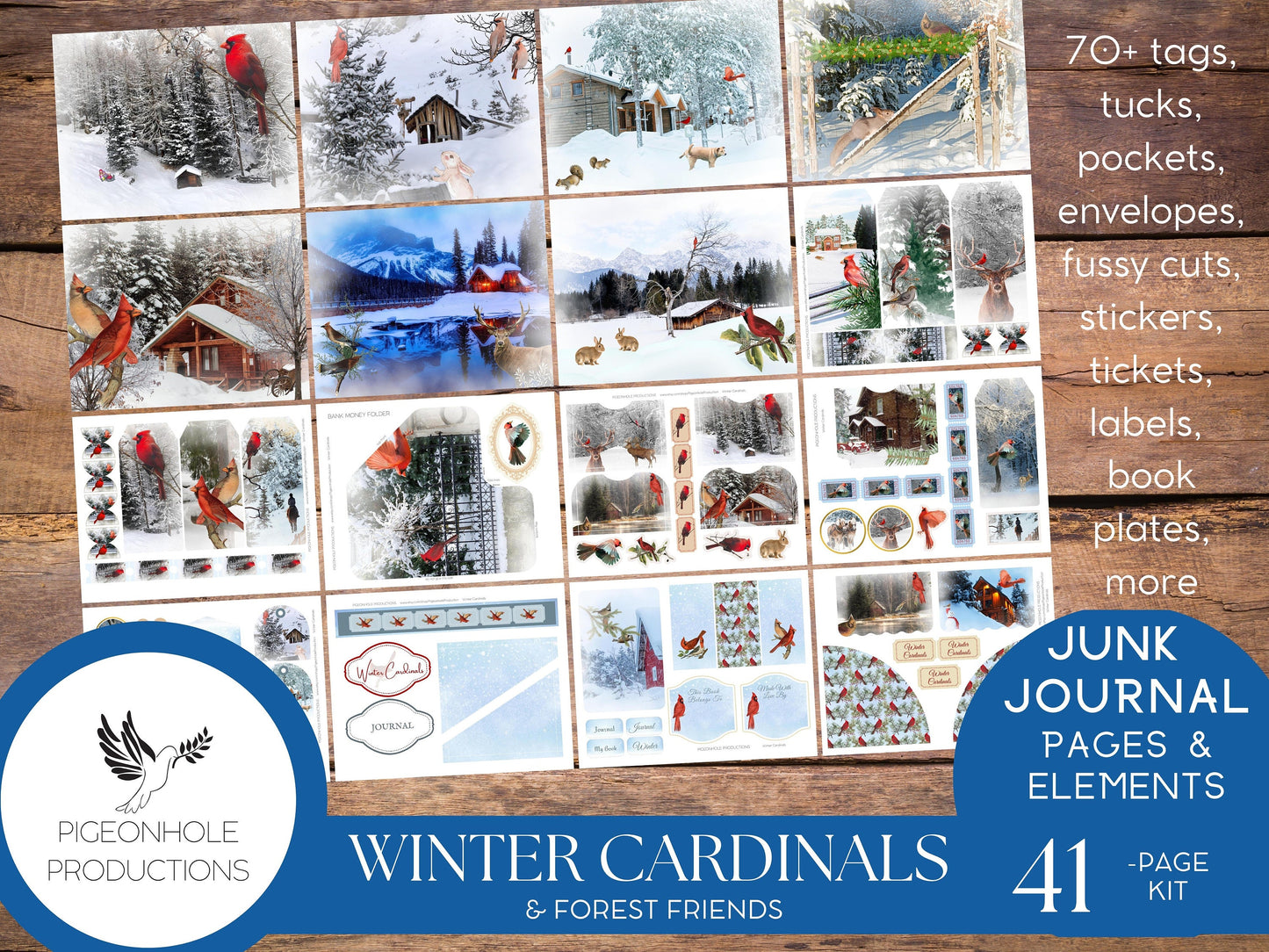 Winter Cardinal Bird & Forest Friends Winter Wonderland Junk Journal Kit—PRINTABLE—includes pages and all ephemera needed—see description!