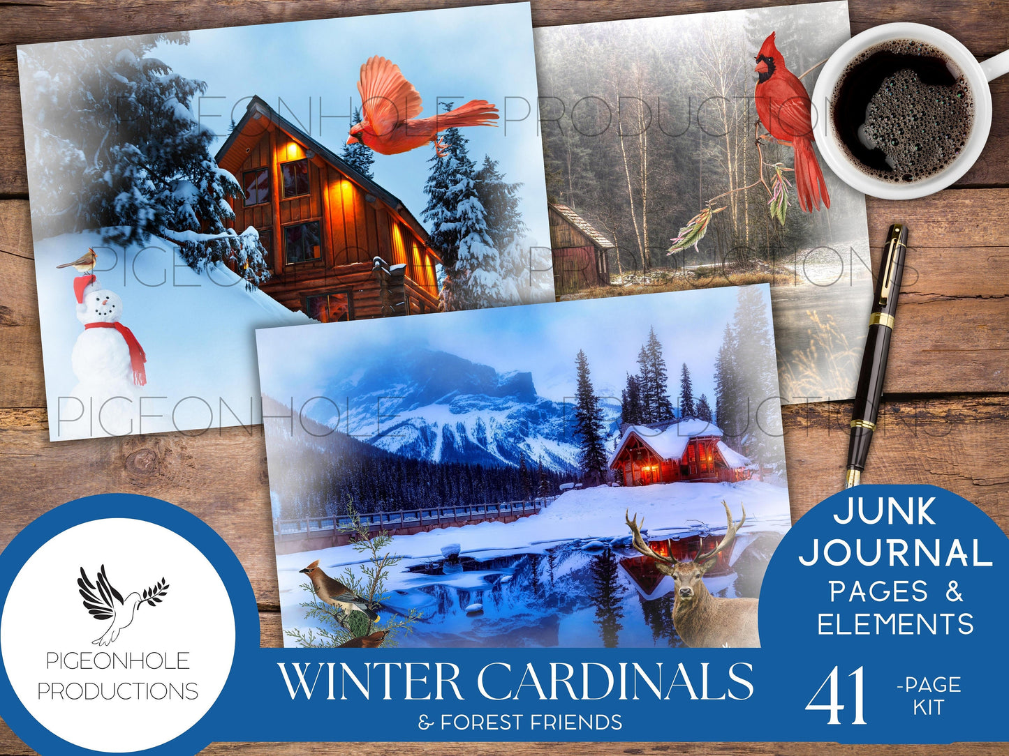 Winter Cardinal Bird & Forest Friends Winter Wonderland Junk Journal Kit—PRINTABLE—includes pages and all ephemera needed—see description!