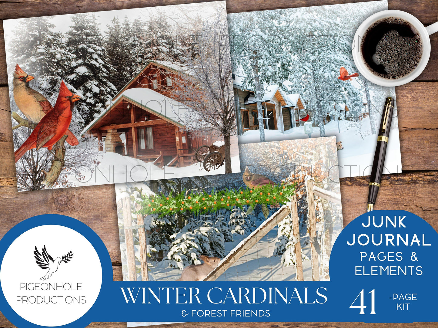 Winter Cardinal Bird & Forest Friends Winter Wonderland Junk Journal Kit—PRINTABLE—includes pages and all ephemera needed—see description!