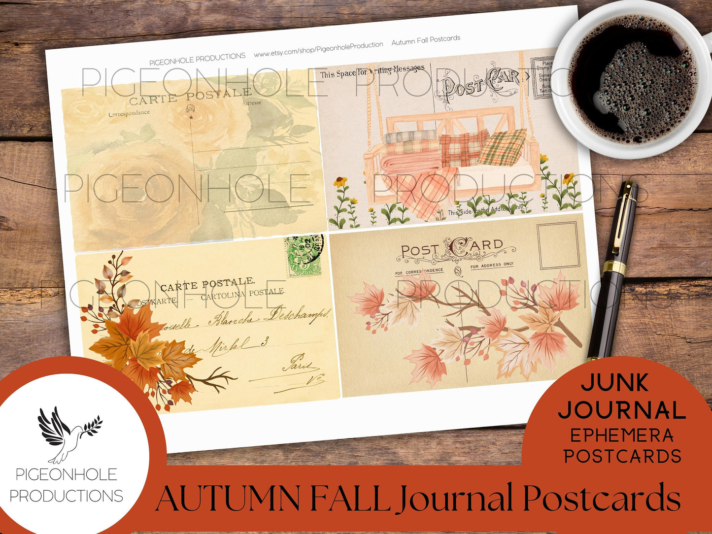 Autumn Fall Junk Journal Post Cards, PRINTABLE, use as journal cards, pockets, other ephemera and elements, pretty pastel autumn colors