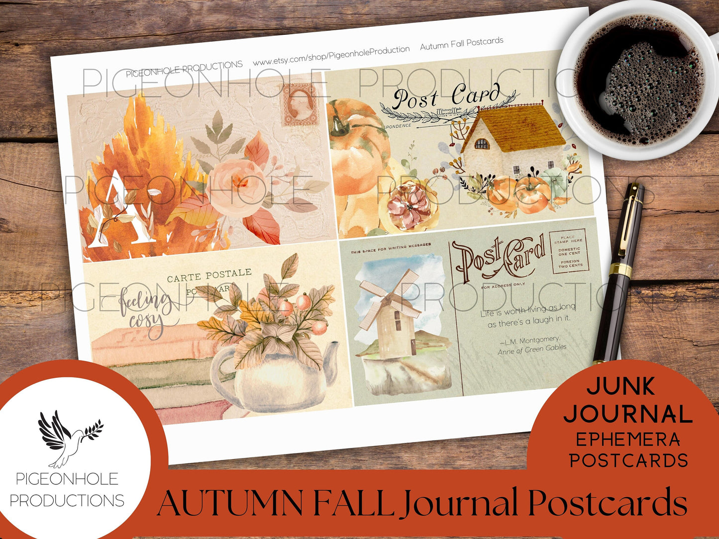 Autumn Fall Junk Journal Post Cards, PRINTABLE, use as journal cards, pockets, other ephemera and elements, pretty pastel autumn colors