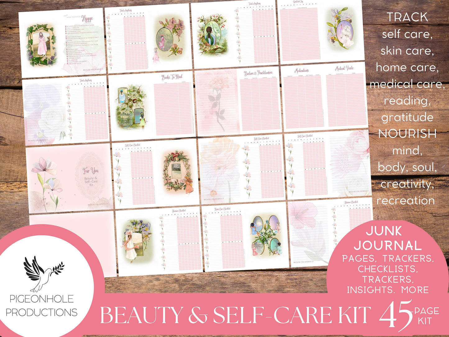 Beauty & Self-Care Junk Journal Kit, self care, skin care, home care, mind, body, soul, creativity, fun, checklists, trackers, insights