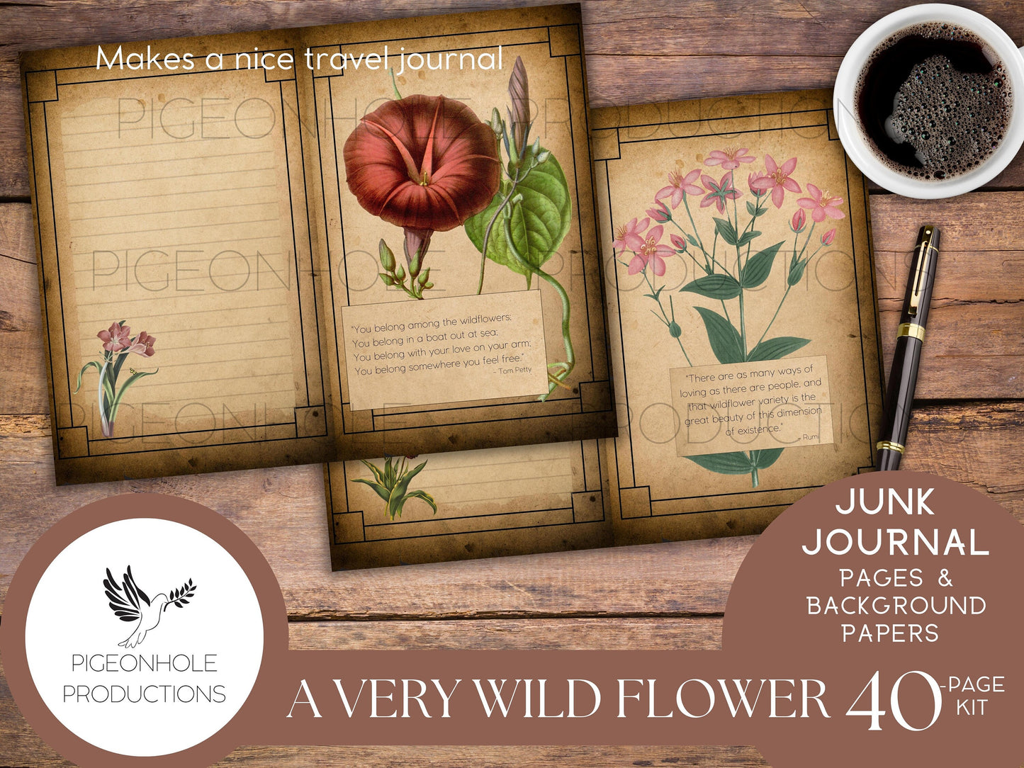 A Very Wild Flower Junk Journal Kit, PRINTABLE, 40 pages, lovely vintage flowers, uplifting quotes, lyrics, poems, lots of journal space