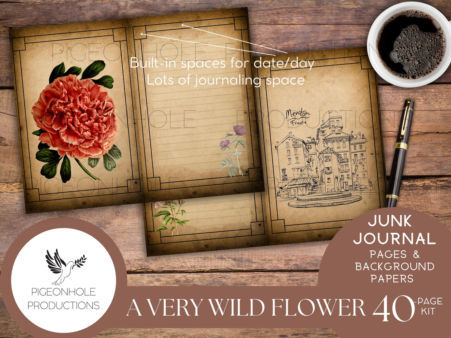 A Very Wild Flower Junk Journal Kit, PRINTABLE, 40 pages, lovely vintage flowers, uplifting quotes, lyrics, poems, lots of journal space