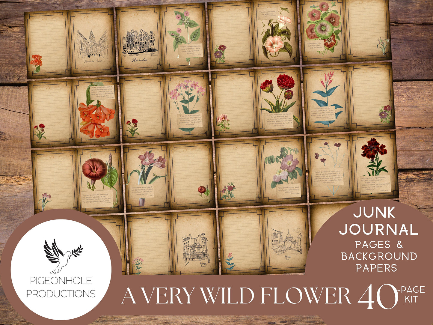 A Very Wild Flower Junk Journal Kit, PRINTABLE, 40 pages, lovely vintage flowers, uplifting quotes, lyrics, poems, lots of journal space