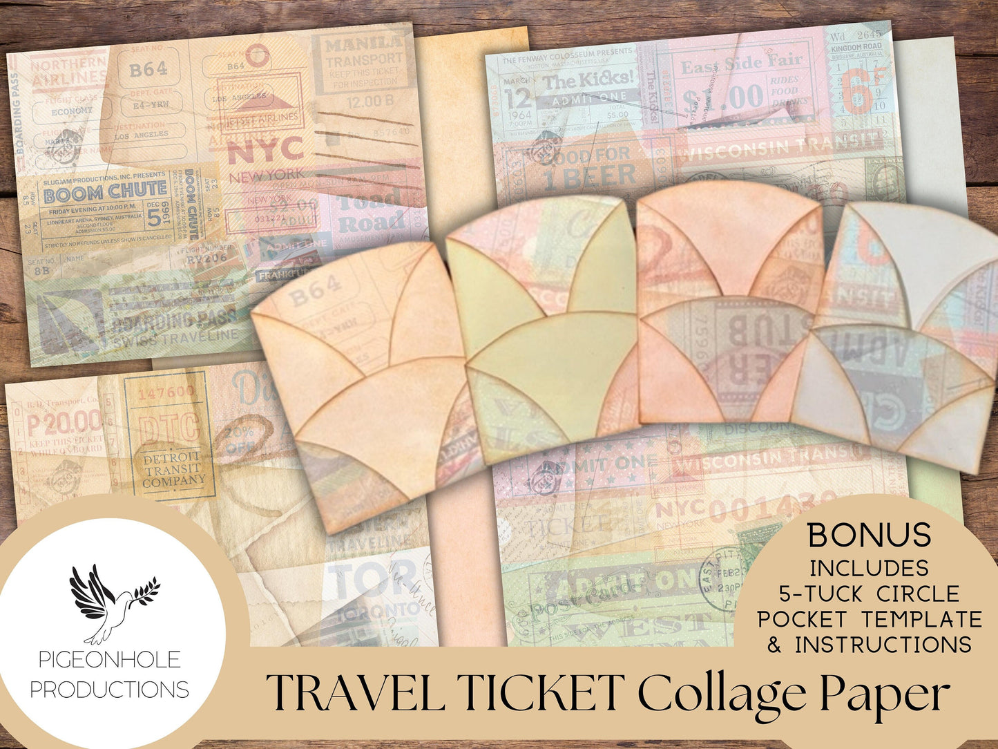 Travel & Event Ticket Collage Papers—PRINTABLE—with coordinating backings and BONUS 5-Tuck Circle Pocket Template and Instructions—see pics!