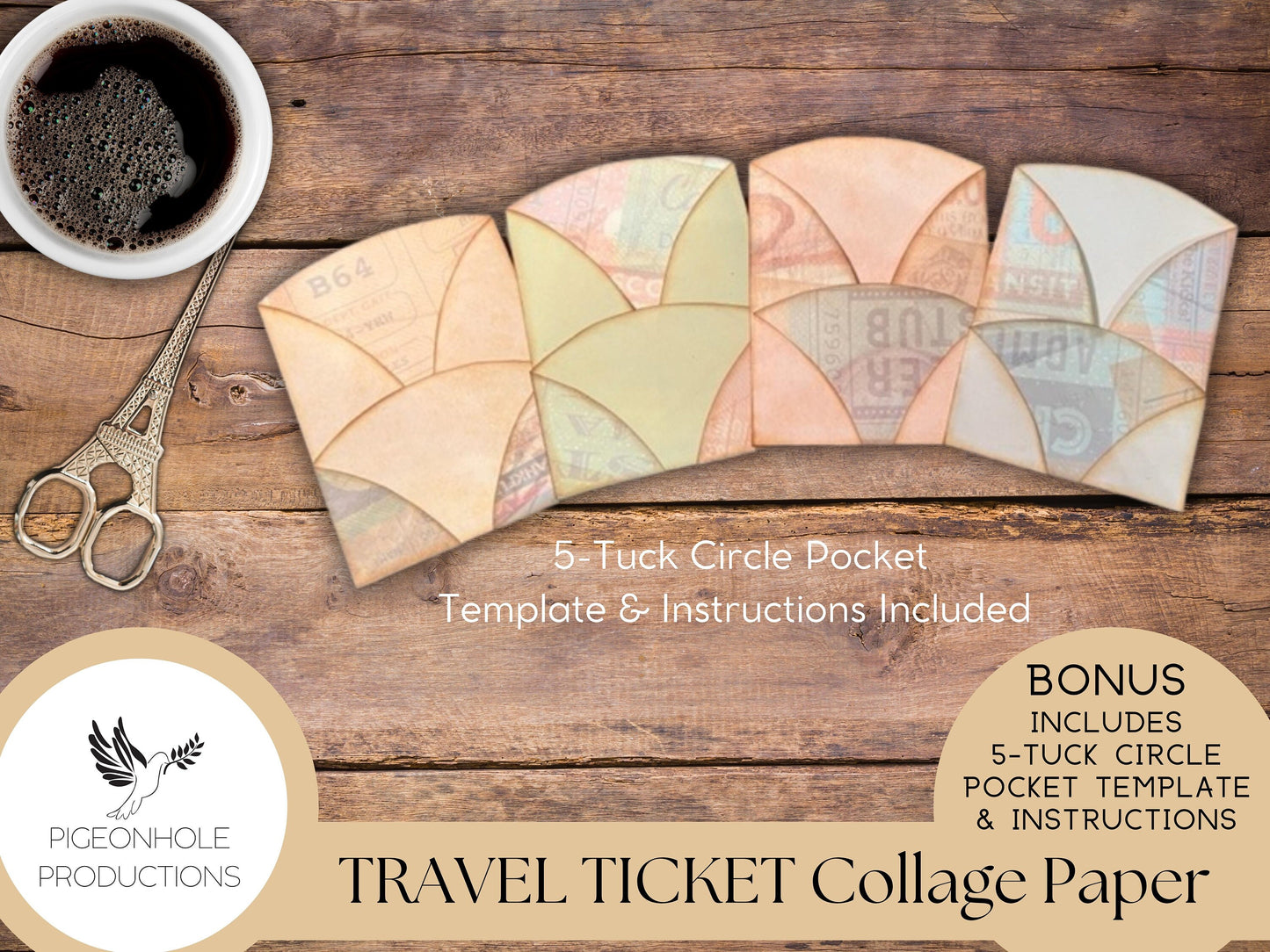 Travel & Event Ticket Collage Papers—PRINTABLE—with coordinating backings and BONUS 5-Tuck Circle Pocket Template and Instructions—see pics!