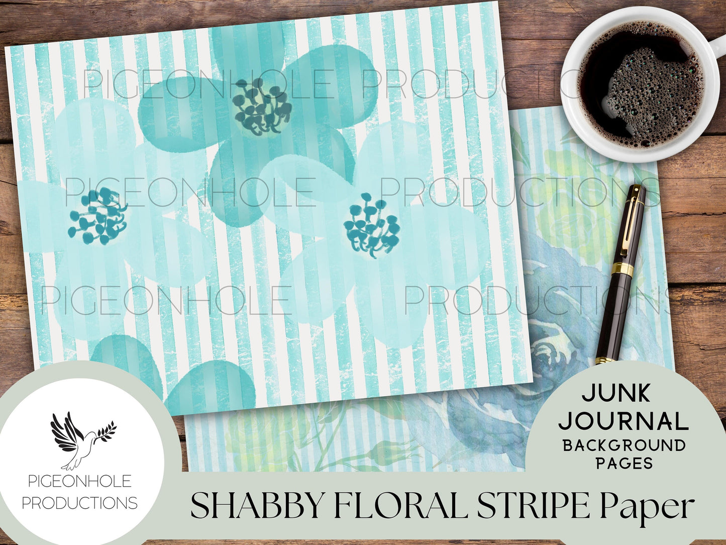 Shabby Floral Stripe Junk Journal Papers—PRINTABLE—14 sheets—use for journal backgrounds, card making, collage, other papercraft projects