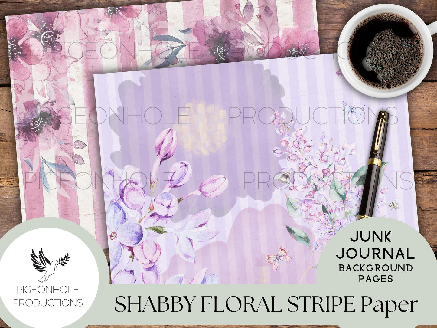 Shabby Floral Stripe Junk Journal Papers—PRINTABLE—14 sheets—use for journal backgrounds, card making, collage, other papercraft projects