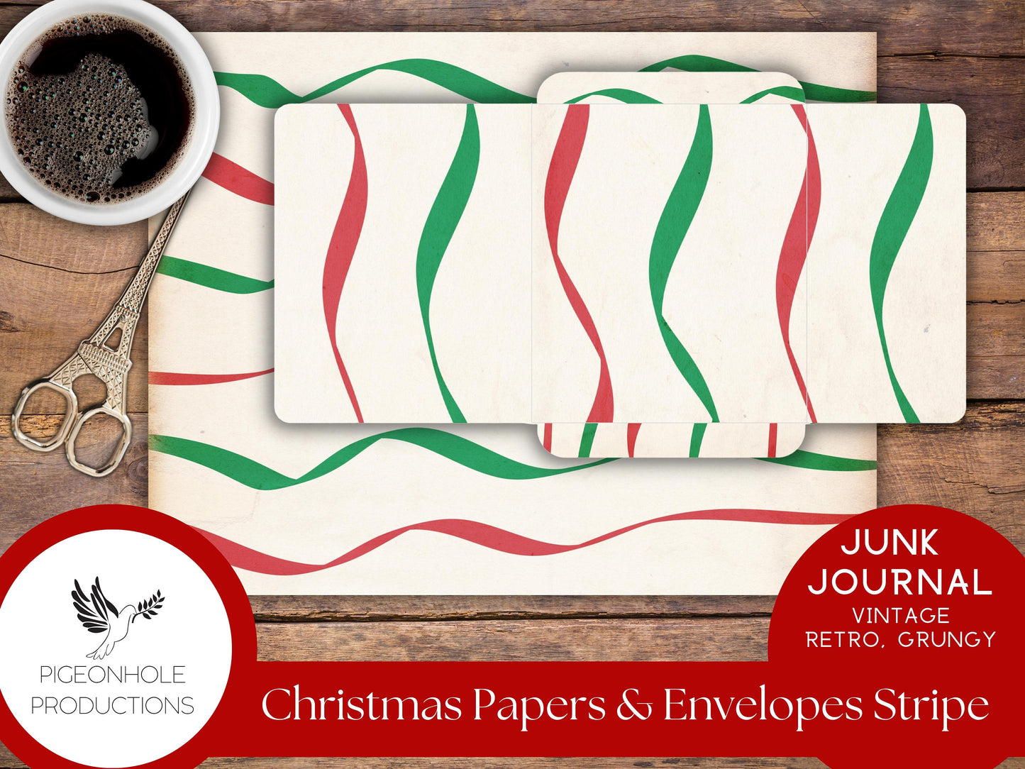 Retro Christmas Junk Journal Paper & Envelopes STRIPES—PRINTABLE—7 sheets with coordinating envelopes—for journal making and paper crafting