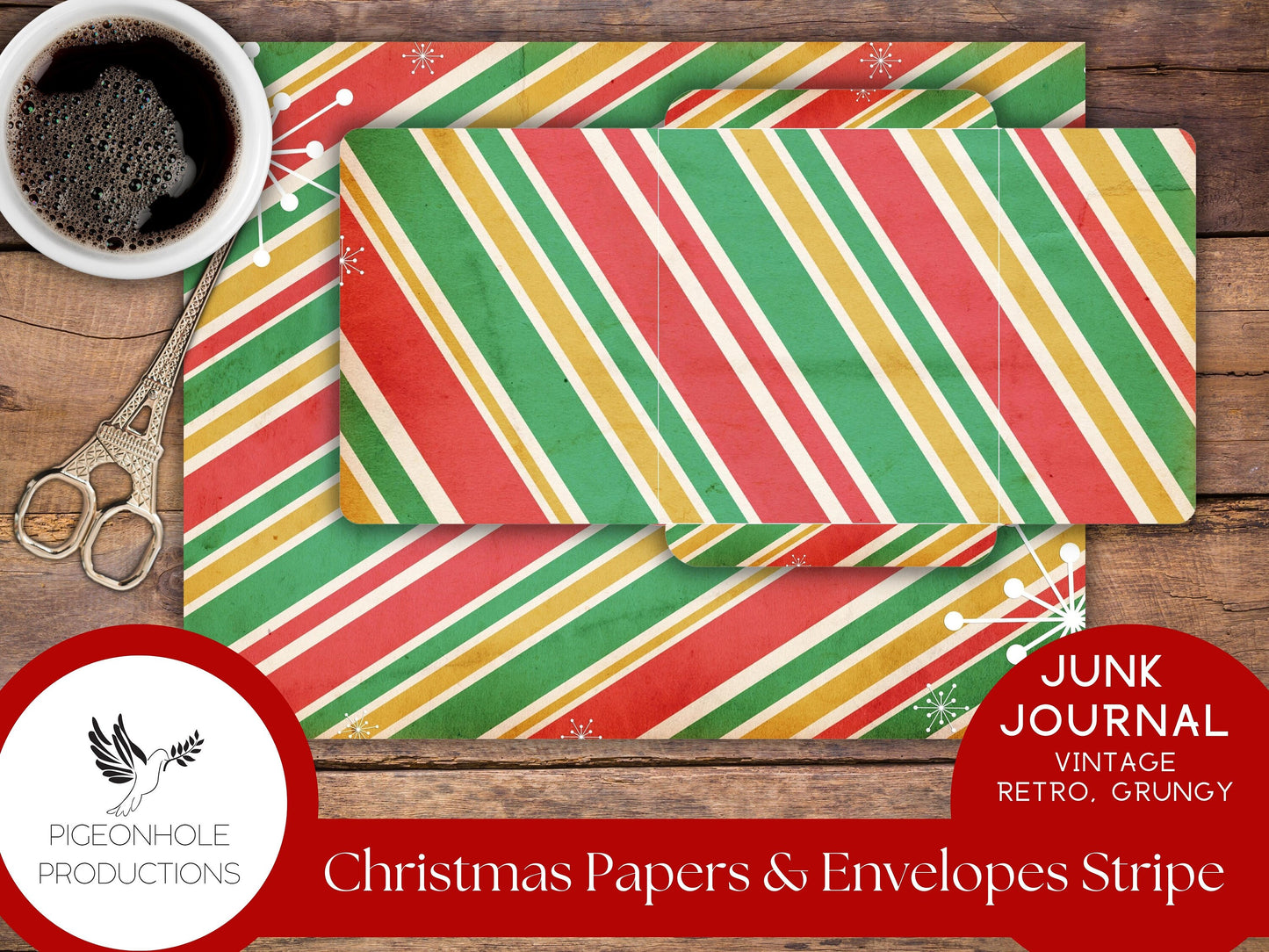 Retro Christmas Junk Journal Paper & Envelopes STRIPES—PRINTABLE—7 sheets with coordinating envelopes—for journal making and paper crafting