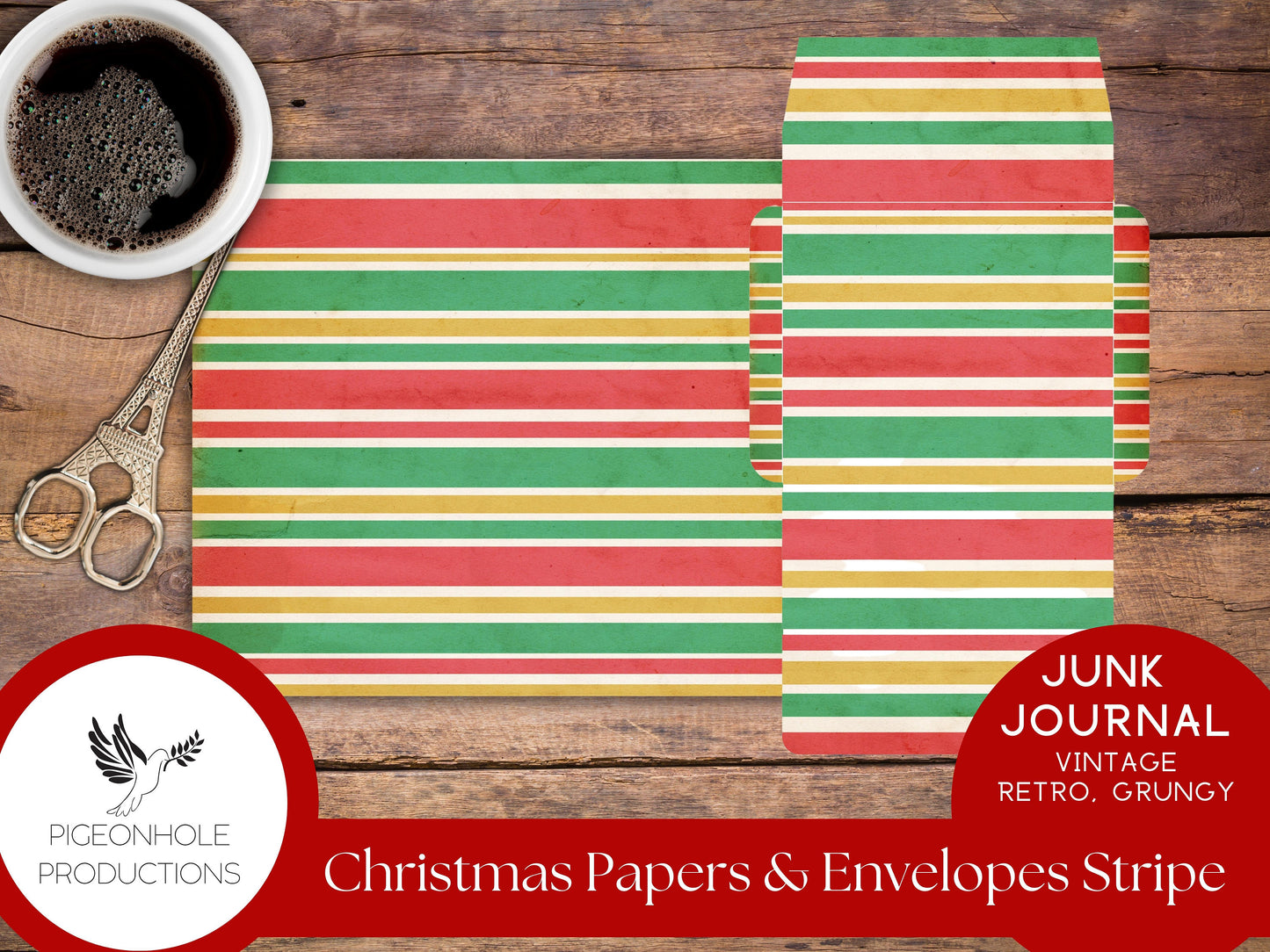 Retro Christmas Junk Journal Paper & Envelopes STRIPES—PRINTABLE—7 sheets with coordinating envelopes—for journal making and paper crafting