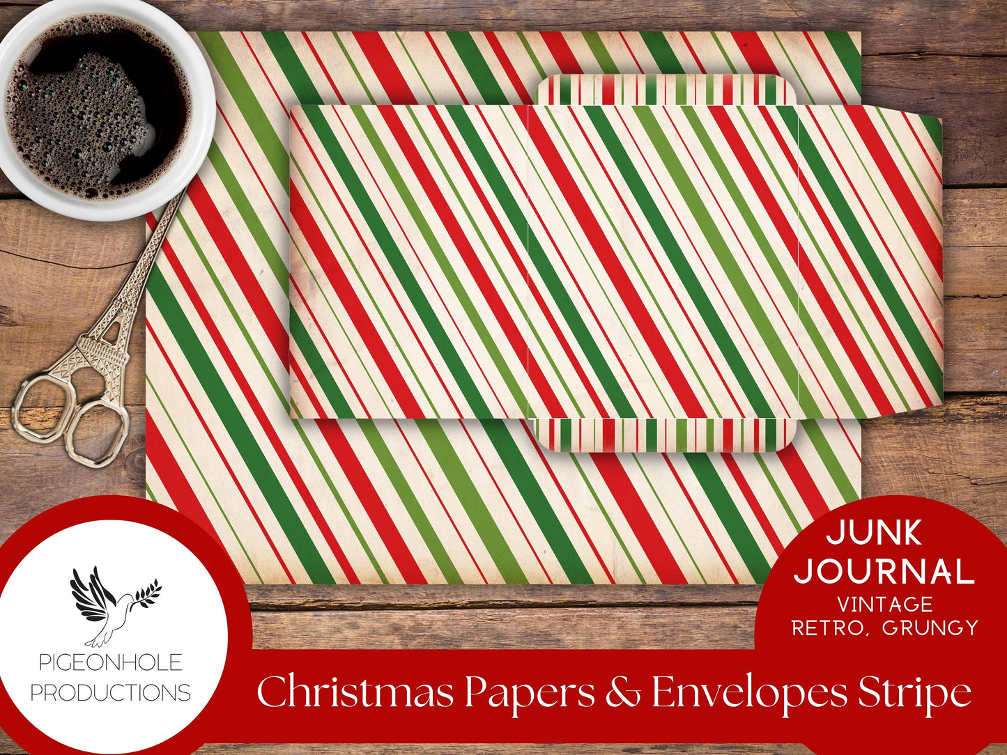 Retro Christmas Junk Journal Paper & Envelopes STRIPES—PRINTABLE—7 sheets with coordinating envelopes—for journal making and paper crafting