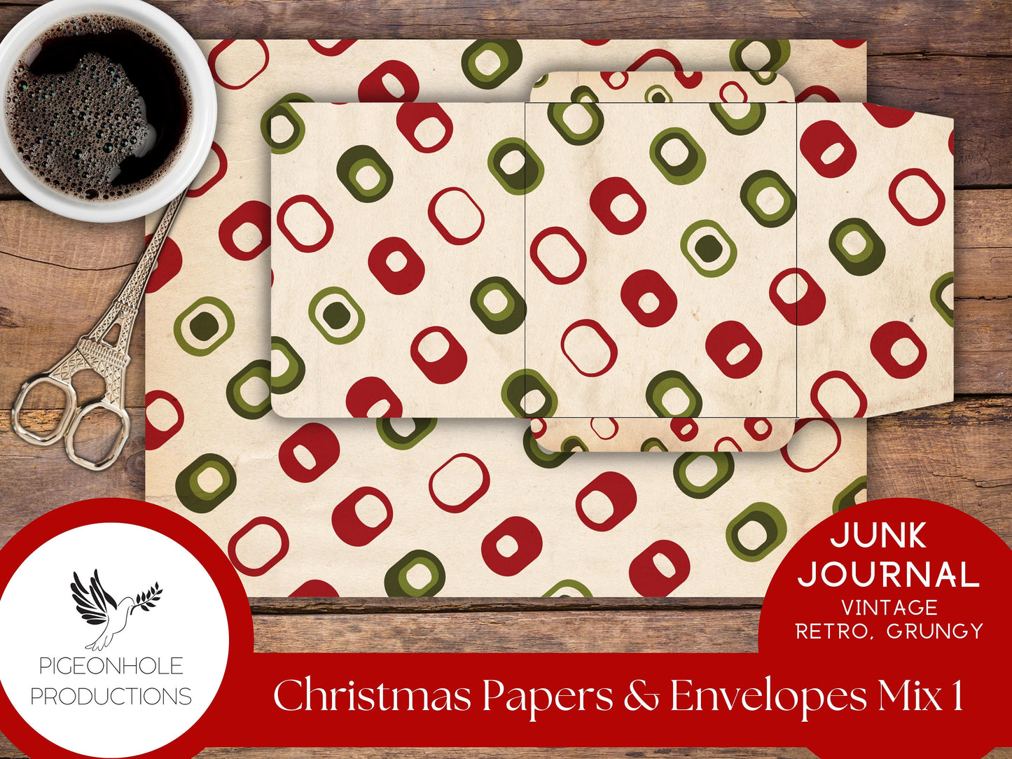 Retro Christmas Junk Journal Paper & Envelopes MIX 1—PRINTABLE—6 sheets with coordinating envelopes—for journal making and paper crafting