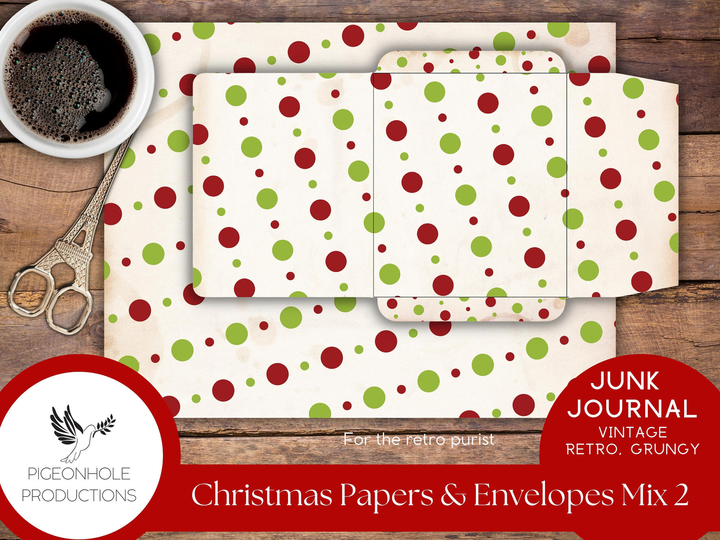 Retro Christmas Junk Journal Paper & Envelopes MIX 2—PRINTABLE—6 sheets with coordinating envelopes—for journal making and paper crafting