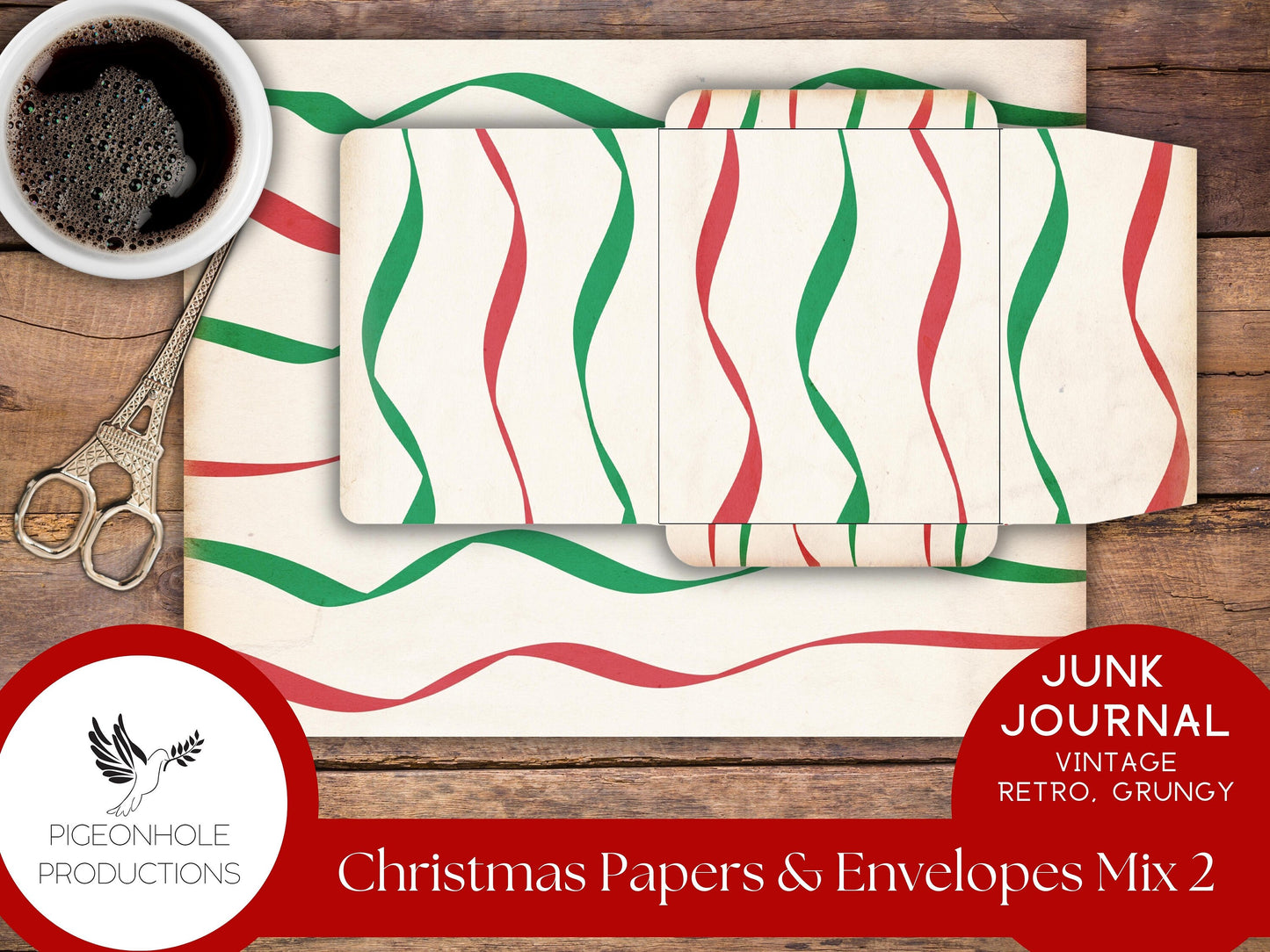 Retro Christmas Junk Journal Paper & Envelopes MIX 2—PRINTABLE—6 sheets with coordinating envelopes—for journal making and paper crafting