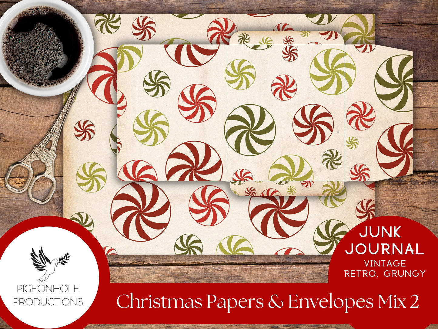 Retro Christmas Junk Journal Paper & Envelopes MIX 2—PRINTABLE—6 sheets with coordinating envelopes—for journal making and paper crafting