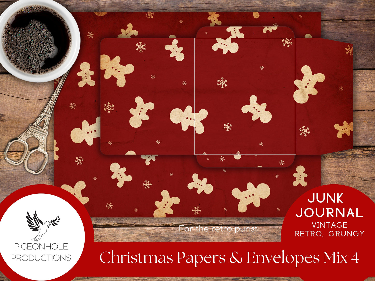 Retro Christmas Junk Journal Paper & Envelopes MIX 4—PRINTABLE—6 sheets with coordinating envelopes—for journal making and paper crafting