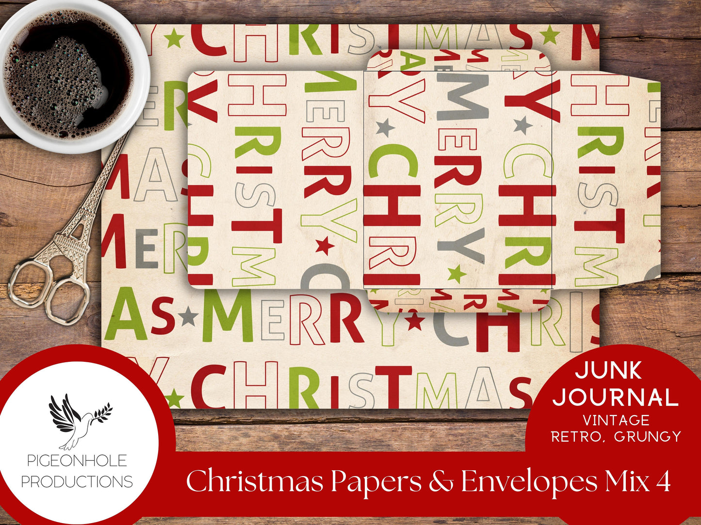 Retro Christmas Junk Journal Paper & Envelopes MIX 4—PRINTABLE—6 sheets with coordinating envelopes—for journal making and paper crafting